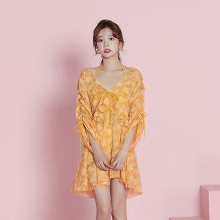 Set: Halter-neck Tankini Top + High-waist Bottom + Long-sleeve Floral Print Swimdress