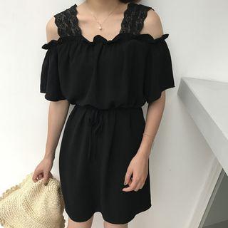 Lace Strap Off-shoulder Elbow-sleeve A-line Dress