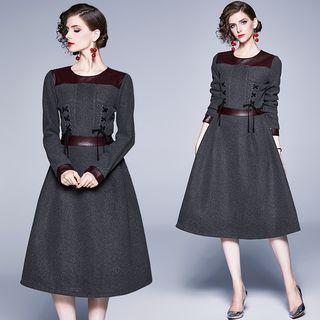 Long-sleeve Lace-up Panel Midi A-line Dress