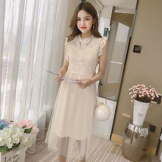 Set: Lace Panel Sleeveless A-line Mesh Dress + Slipdress