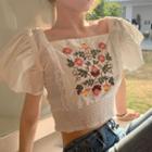 Floral Embroidered Short-sleeve Cropped Blouse