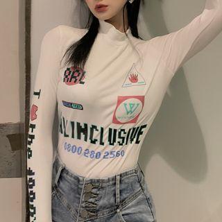 Long-sleeve Mock-neck Lettering Print Fitted Top