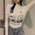 Long-sleeve Mock-neck Lettering Print Fitted Top