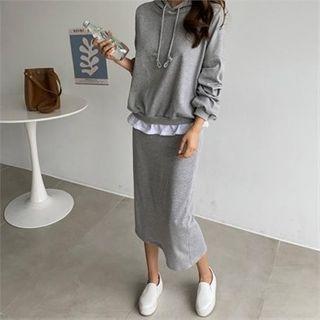 Set: Hooded Layered Hem Pullover + Band-waist Skirt