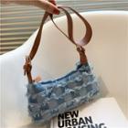 Checkered Fringed Trim Denim Hobo Bag