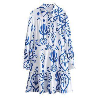 All-over Print Tiered A-line Shirtdress