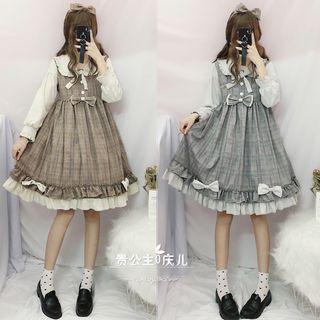 Plaid Long-sleeve A-line Dress / Bow Headband / Set