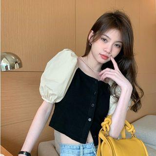 Puff-sleeve Panel Cropped Blouse Black & White - One Size