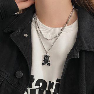 Bear Pendant Layered Stainless Steel Necklace Silver & Black - One Size