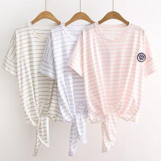 Striped Short-sleeve Tie-front T-shirt
