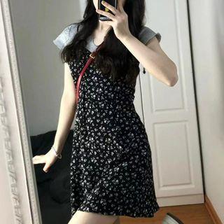 Short-sleeve Top / Floral Mini A-line Overall Dress