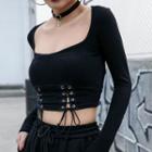 Long-sleeve Scoop-neck Lace-up Crop Top