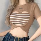 Short Sleeve Heart Cut-out Striped Twisted Crop Top