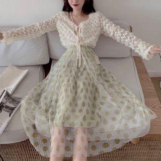 Lace-up Blouse / Dotted Midi A-line Skirt