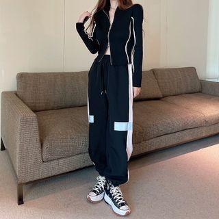 Details Zipper Crop Knit Top / Refective Colorblock Jogger Pants