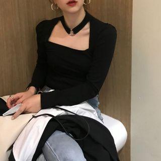 Long-sleeve Choker-neck T-shirt Black - One Size
