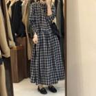 Long-sleeve Plaid A-line Midi Dress Plaid - Dark Blue - One Size