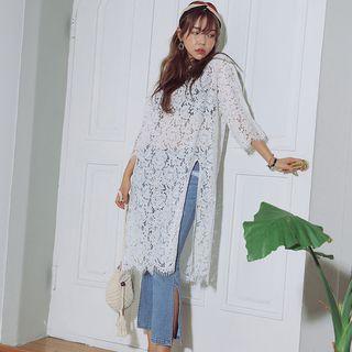 Elbow-sleeve Slit-side Midi Lace Dress White - One Size