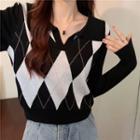 Long-sleeve Argyle Slim-fit Knit Top