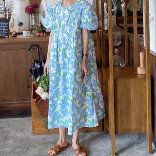 Puff-sleeve Flower Print Midi Shift Dress