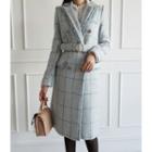 Double-breasted Checked Wool Blend Coat With Belt