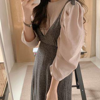 Round-neck Plain Puff-sleeve Shirt / Bow Floral Spaghetti-strap Dress