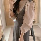 Round-neck Plain Puff-sleeve Shirt / Bow Floral Spaghetti-strap Dress