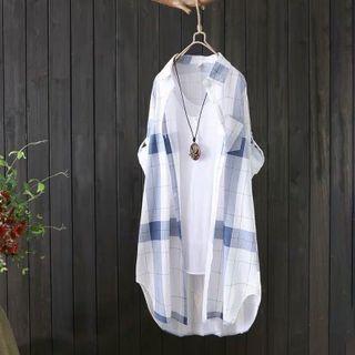 Short-sleeve Plaid Long Shirt