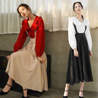 Set: Frilled Peter Pan Collar Blouse + A-line Midi Jumper Dress