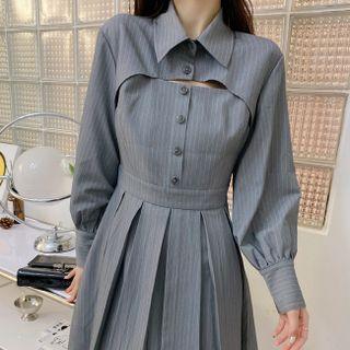 Long-sleeve Collar Striped Cutout A-line Dress