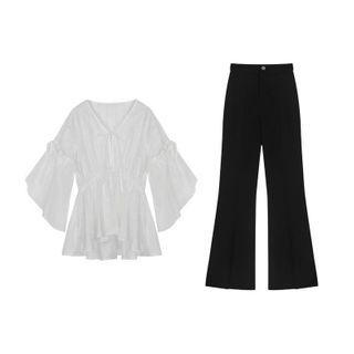 Bell-sleeve Peplum Blouse / Slit Boot-cut Pants