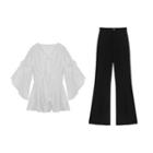 Bell-sleeve Peplum Blouse / Slit Boot-cut Pants