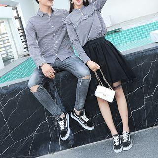 Women Set: Plaid Blouse + A-line Mesh Skirt / Men Plaid Shirt