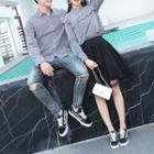 Women Set: Plaid Blouse + A-line Mesh Skirt / Men Plaid Shirt