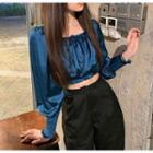 Lantern-sleeve Square-neck Cropped Top Blue - One Size