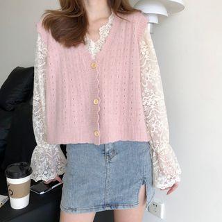 V-neck Knit Vest / V-neck Lace Top