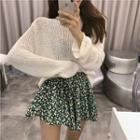 Long Sleeve Knit Top / Floral Printed A-line Skirt