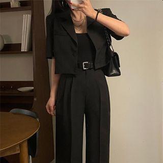 Short-sleeve Cropped Single-breasted Blazer / Wide Leg Dress Pants