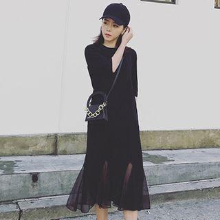 Elbow-sleeve Mesh Godet T-shirt Dress