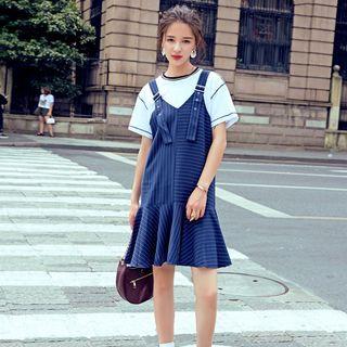 Striped Flounced-hem Pinafore Dress