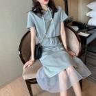 Set: Short-sleeve Hoodie + Mesh Paneled A-line Midi Skirt Gray - One Size