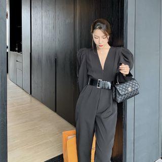 Puff-sleeve Deep V-neck Straight-cut Jumpsuit