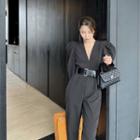 Puff-sleeve Deep V-neck Straight-cut Jumpsuit