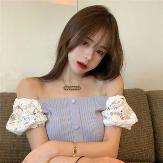 Lace Off-shoulder Slim-fit Top Light Blue - One Size