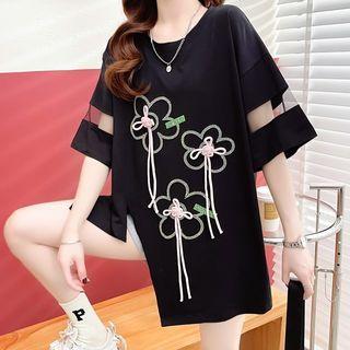 3/4-sleeve Floral Long T-shirt