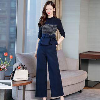 Set: Long-sleeve Tweed Panel Top + Wide Leg Pants + Belt