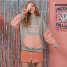 Letter-printed Two-tone Oversized Hoodie Pink - One Size