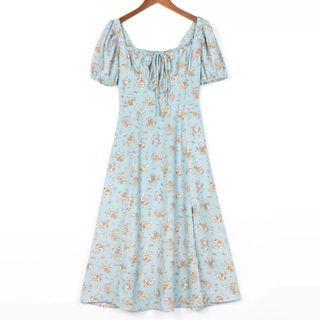 Short-sleeve Floral Slit A-line Dress