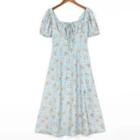 Short-sleeve Floral Slit A-line Dress