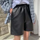 Band-waist Pleather Wide-leg Shorts